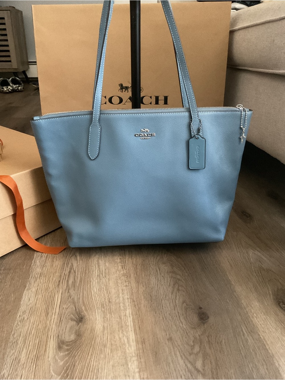 Coach Sky Blue Leather Tote with Silver Hardware